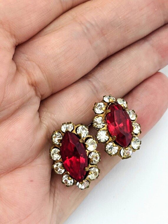 Vintage Red Navette Clear Rhinestone Earrings, Re… - image 2