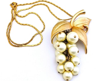 Vintage Faux Pearl Grape Cluster Pendant Necklace, Pearl Grape Cluster Brooch, Vintage Gift For Her