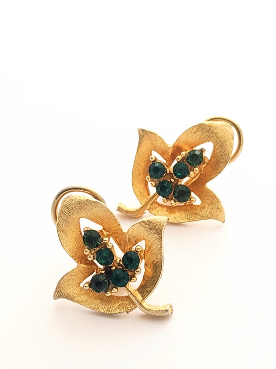 Vintage Green Clip On Rhinestone Earrings, Vintag… - image 1