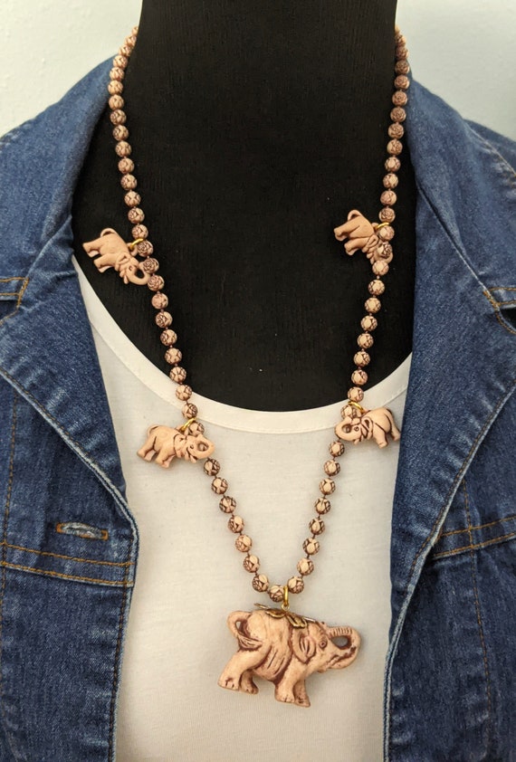 Vintage Pink Elephant Pendant Necklace, Long Plast