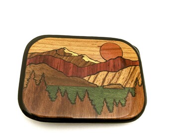 Harmony Colorado Wood Inlay Mountain Sunset Belt Buckle, Vintage Hipster Belt Buckle, 70s Mens Fashion Accessories