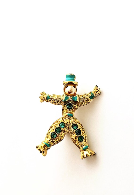 Cute Gold Rhinestone Figural Brooch, Silly Clown R