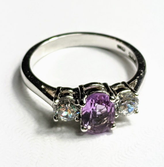 Vintage Sterling Silver Ladies Ring with Round Purple Cabochon Stone Sunburst Style Size 7