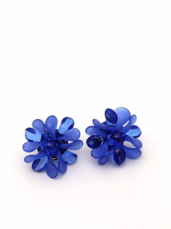 Vintage Blue Beaded Floral Earrings, Large Blue F… - image 1