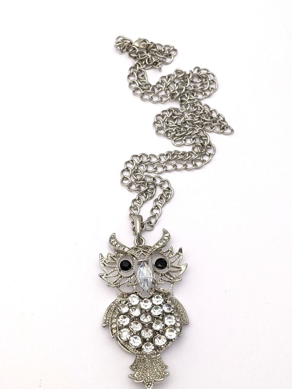Vintage Crystal Rhinestone Owl Pendant Necklace, L