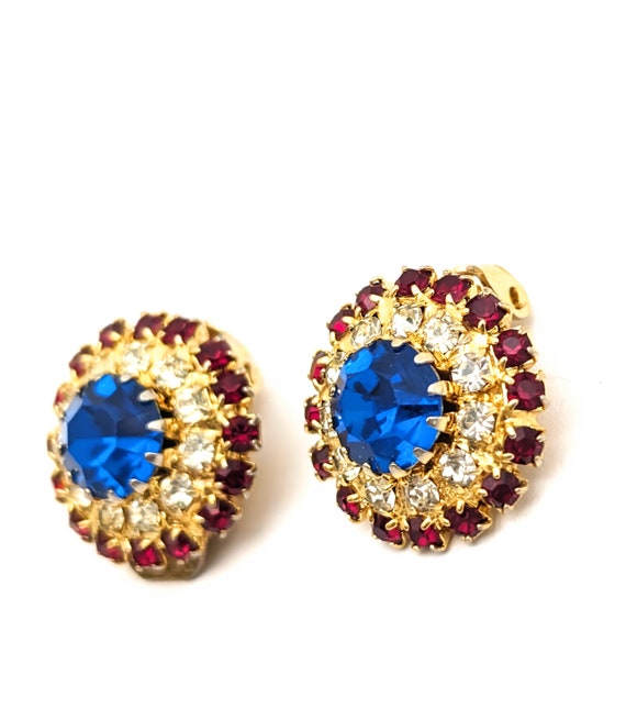 Red White Blue Rhinestone Clip On Earrings, Vinta… - image 1