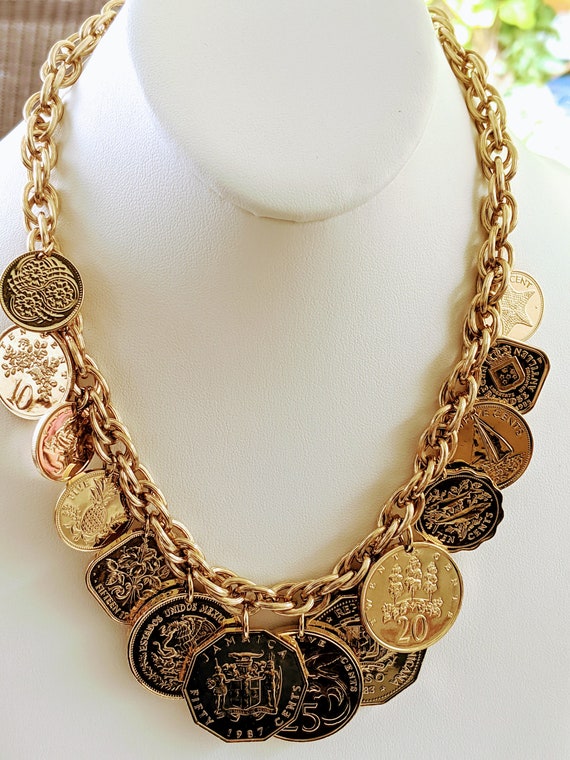 Vintage Gold Tone Chunky Faux Coin Necklace, Vinta