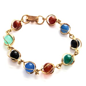 Colorful Vintage Glass Bead Bracelet, Gold Link Glass Bead Bracelet, Vintage 60s Beaded Jewelry