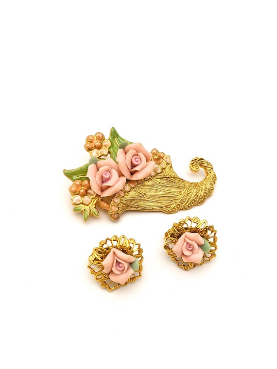 Vintage Pink Porcelain Rose Brooch And Earrings Se