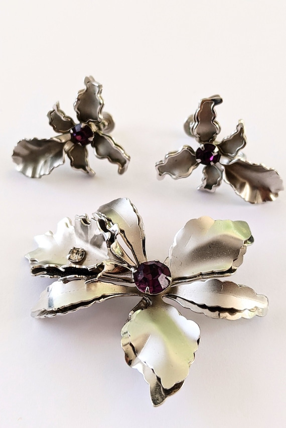 Silver Tone Orchid Brooch And Earrings, Vintage Ir