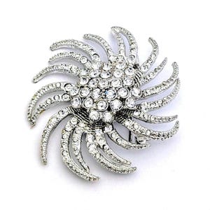 Silver Rhinestone Sunburst Spiral Brooch, Silver Rhinestone Sun Brooch, Vintage Christmas Costume Jewelry