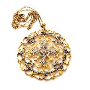 Large Round Sterling Silver Cut Out Filagree Pendant Necklace, Large Round Silver And Gold Pendant, Gift For Mom