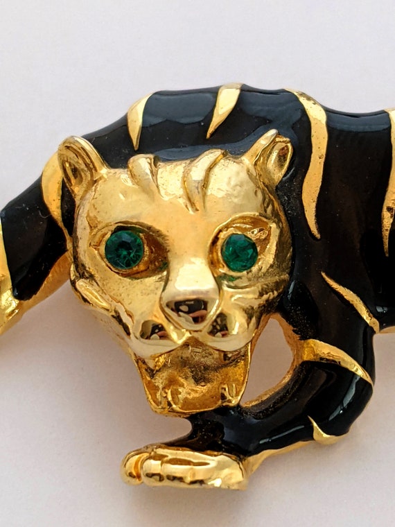 Black Enamel Rhinestone Panther Brooch, Gold Tone… - image 9