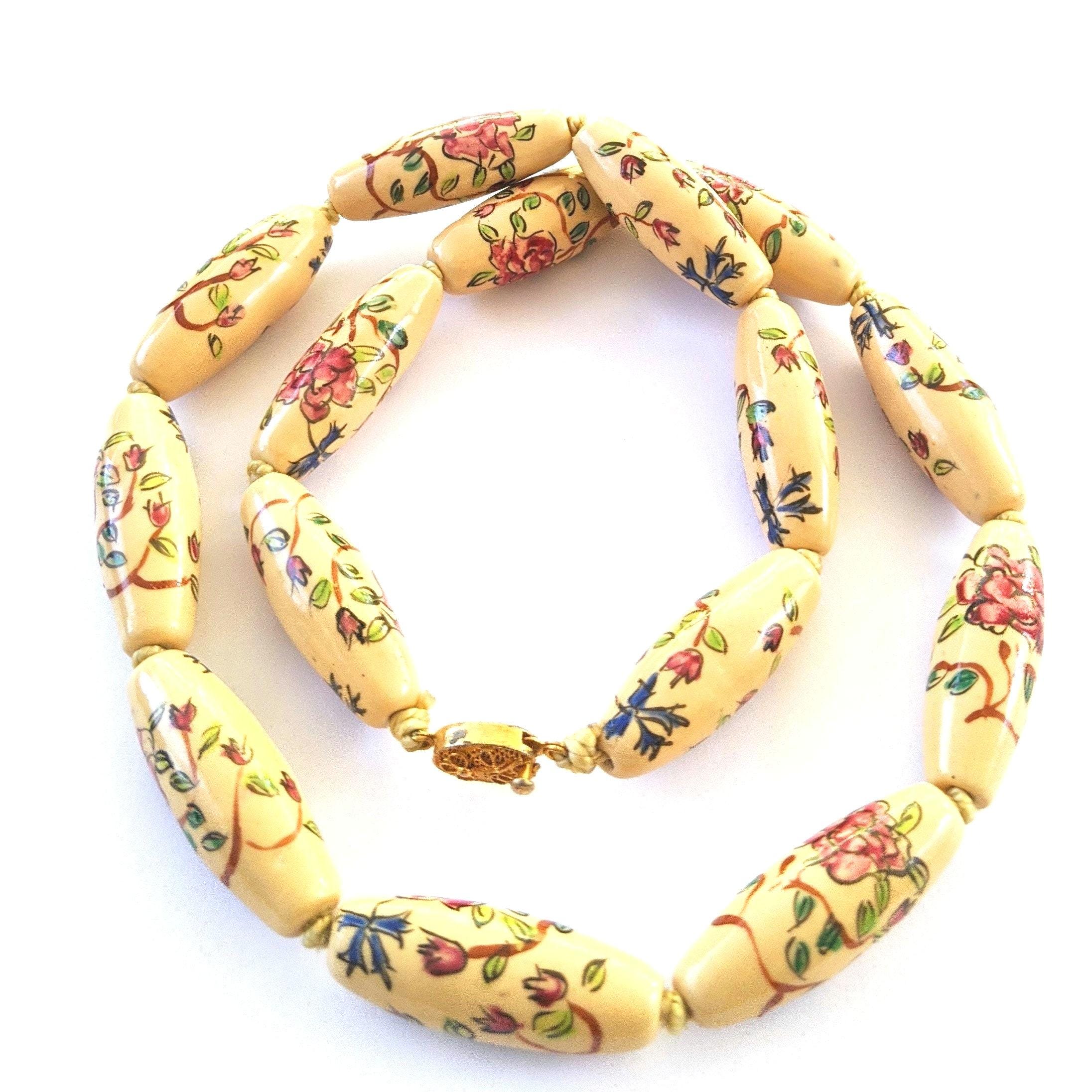 Vintage Asian Ceramic Bead Necklace, Hand-painted Cherry Blossom