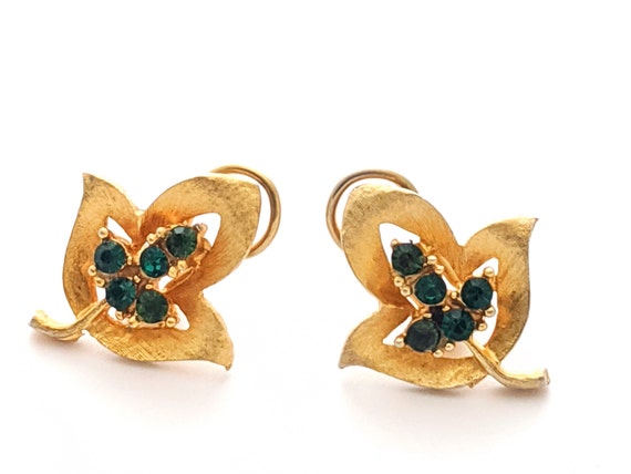 Vintage Green Clip On Rhinestone Earrings, Vintag… - image 3