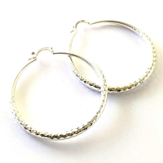 925 Sterling Silver Textured Hoop Earrings, 2 inch