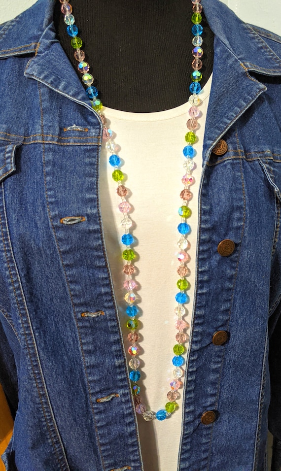 Vintage Pastel Color Glass Bead Necklace, Long AB… - image 3