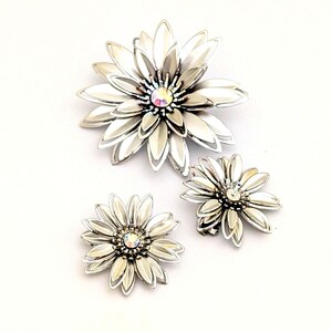 Silver Satin AB Rhinestone Floral Brooch Set, Silver Plated Rhinestone Brooch And Earrings, 1950s Fashion Costume Jewelry