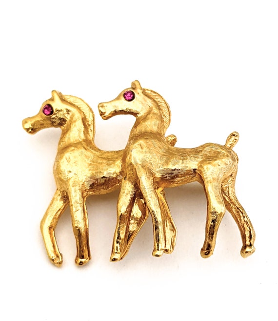 Signed Napier Gold Tone Double Horse Brooch, Vinta