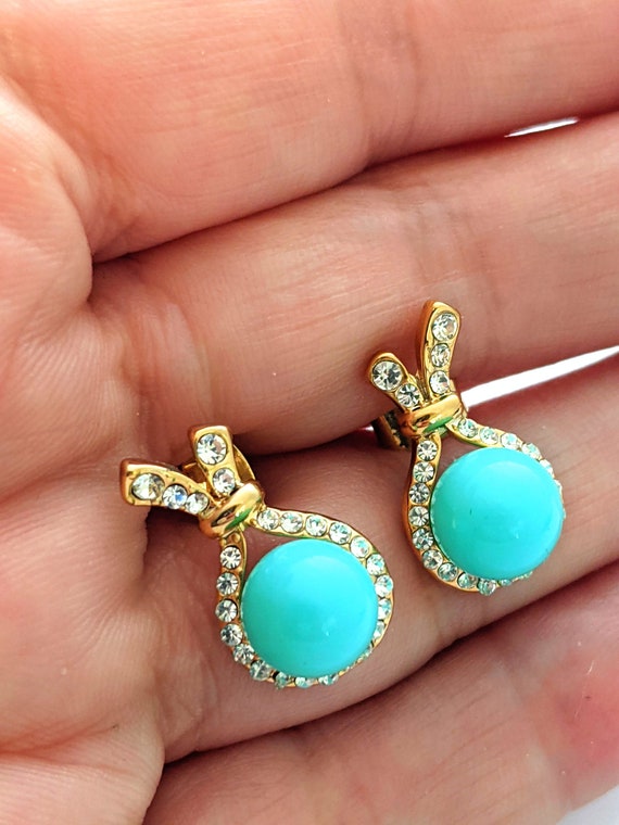 Blue Glass Bead Rhinestone Earrings, Vintage Blue… - image 2