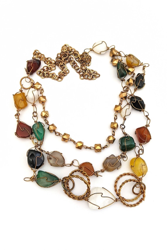 Vintage Three Strand Agate Bead Necklace, Vintage 