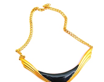 Vintage Monet Black Enamel Choker, 1970s Designer Costume Jewelry