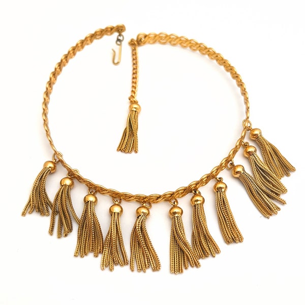 Vintage Gold Tone Tassel Festoon Choker Necklace, Thin Gold Band Choker Necklace, Vintage 70s Fashion