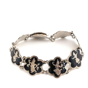 Vintage Siam 925 Sterling Silver Black Enamel Panel Link Bracelet, Sterling Silver Nielloware Bracelet, Boho Style Jewelry