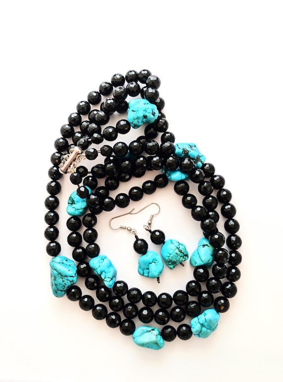 Three Strand Chunky Turquoise Nugget Bead Necklace