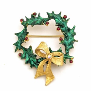 Christmas Wreath Enamel Brooch, Red Green Metallic Enamel