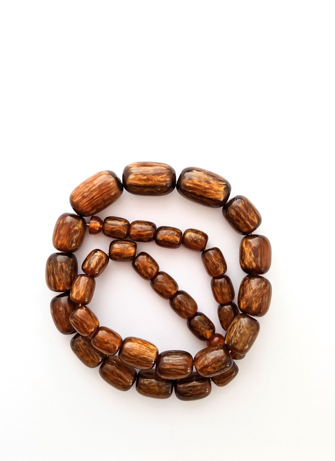 Vintage Large Faux Resin Brown Bead Necklace, Vintage Barrel Shaped Striped Brown Beads, 50s