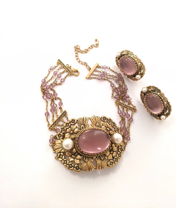 Vintage Pink Stone Choker Necklace Set, Vintage Th