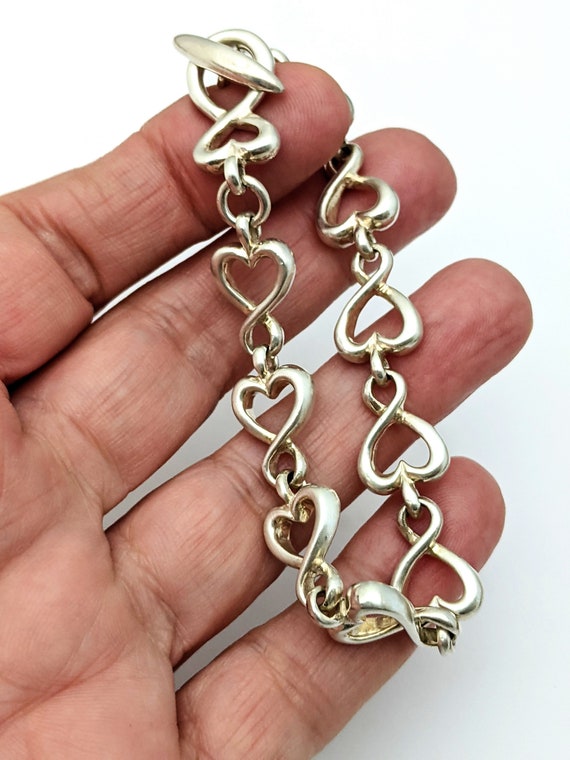925 Solid Sterling Silver Heart Link Bracelet, Si… - image 6