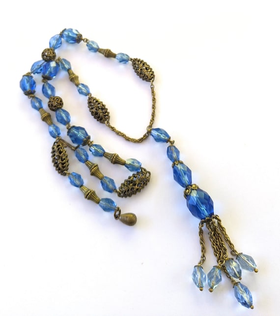 Vintage Blue Glass Bead Necklace, Vintage Glass B… - image 1