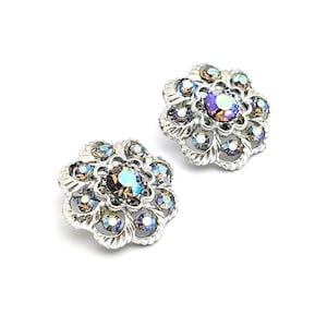 Filigree Flower Shaped Earrings AB Rhinestones Clip Earrings, Vintage Silver Tone Blue Iridescent Earrings, 1950s Fashion Costume Jewelry