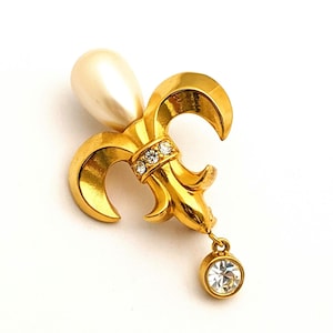 Vintage Gold Tone Fleur De Lis Rhinestone Brooch, Pearl And Rhinestone Gold Tone Brooch, 1980s Statement Jewelry