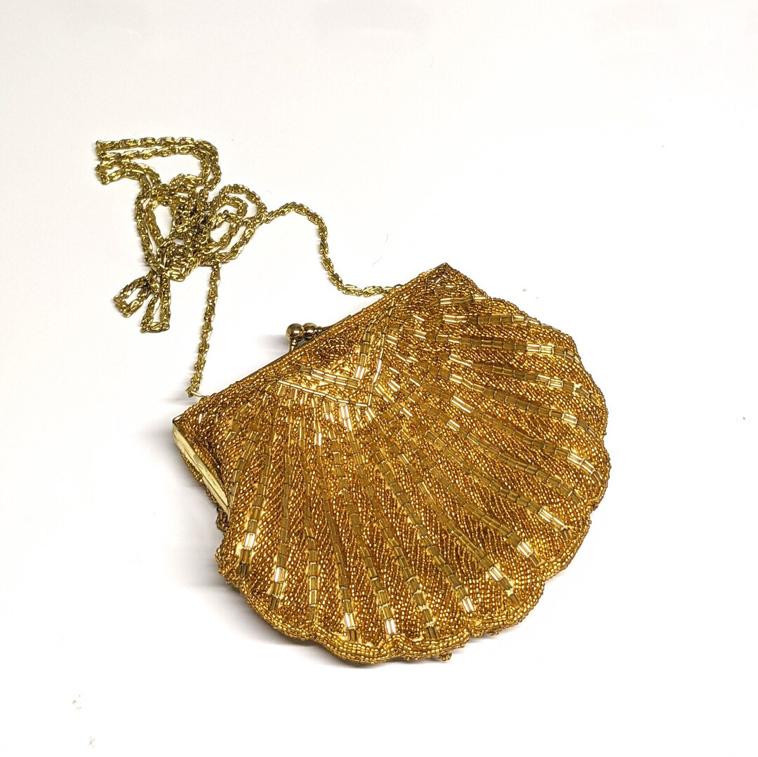 La Regale Purse Gold Beaded Clam Shell Clutch, Vintage Gold Bead Formal