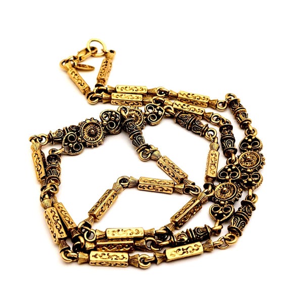 Long Rectangular Link Gold Tone Necklace, Brass M… - image 7