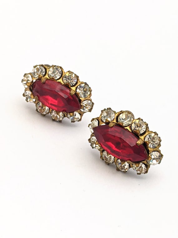 Vintage Red Navette Clear Rhinestone Earrings, Re… - image 4