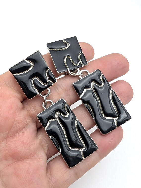 Oversized Glossy Black Rectangular Link Earrings,… - image 2