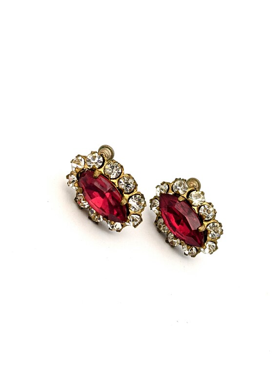 Vintage Red Navette Clear Rhinestone Earrings, Red Rhinestone