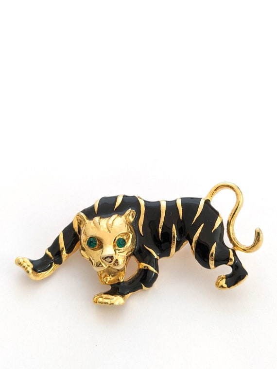 Black Enamel Rhinestone Panther Brooch, Gold Tone… - image 1