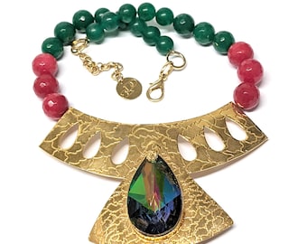 Egyptian Revival Gold Tone Bib Necklace, Byzantine Style Costume Jewelry, Cleopatra Collar