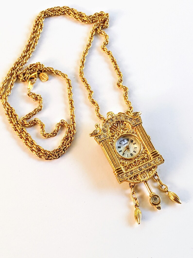 Gold Tone Rhinestone Cuckoo Clock Pendant Necklace Vintage Etsy