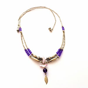 Vintage Liquid Silver Bird Fetish Necklace, Boho Style Purple Glass Bead Multi Strand Necklace, Cute Y2K Trendy Summer Jewelry