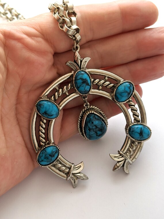 Vintage Turquoise Squash Blossom Necklace, Signed… - image 3