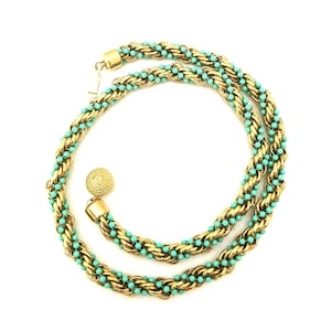 Vintage Avon Gold And Blue Woven Bead Necklace, Vintage Blue And Green Beaded Necklace,Vintage 70s Avon Costume Jewelry