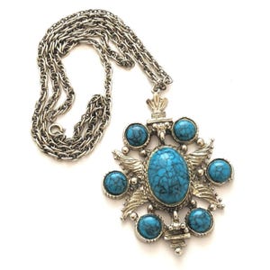 Western Style Silver Squash Blossom Necklace, Southwestern Style Large Faux Turquoise Pendant Necklace,  Faux Turquoise Costume Jewelry