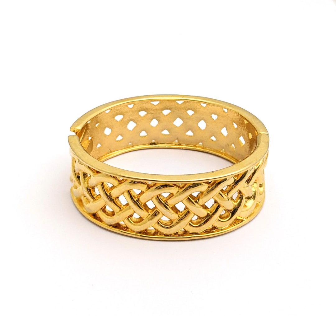 Gold Tone Basket Weave Bangle Bracelet, Vintage Chunky Wide Gold Hinged