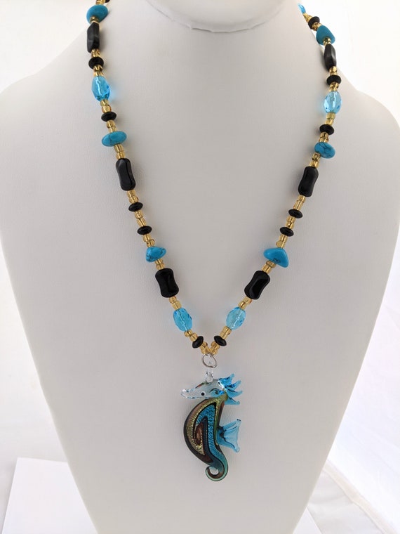 Art Glass Seahorse Pendant Necklace, Hand Blown G… - image 2